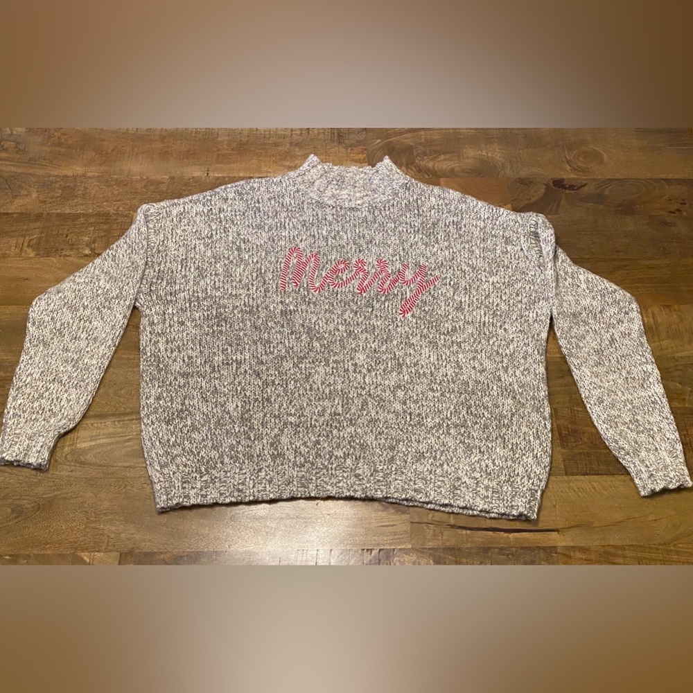 Ann Taylor Loft Soft Grey Candy Cane MERRY Christmas Holiday XMAS Sweater XL - Picture 4 of 10